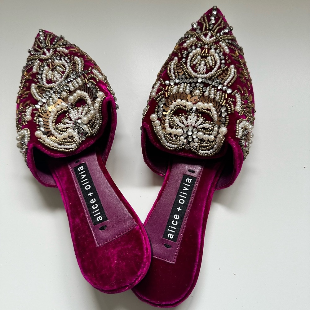 Alice + Olivia Urtin Embroidered Velvet Mules